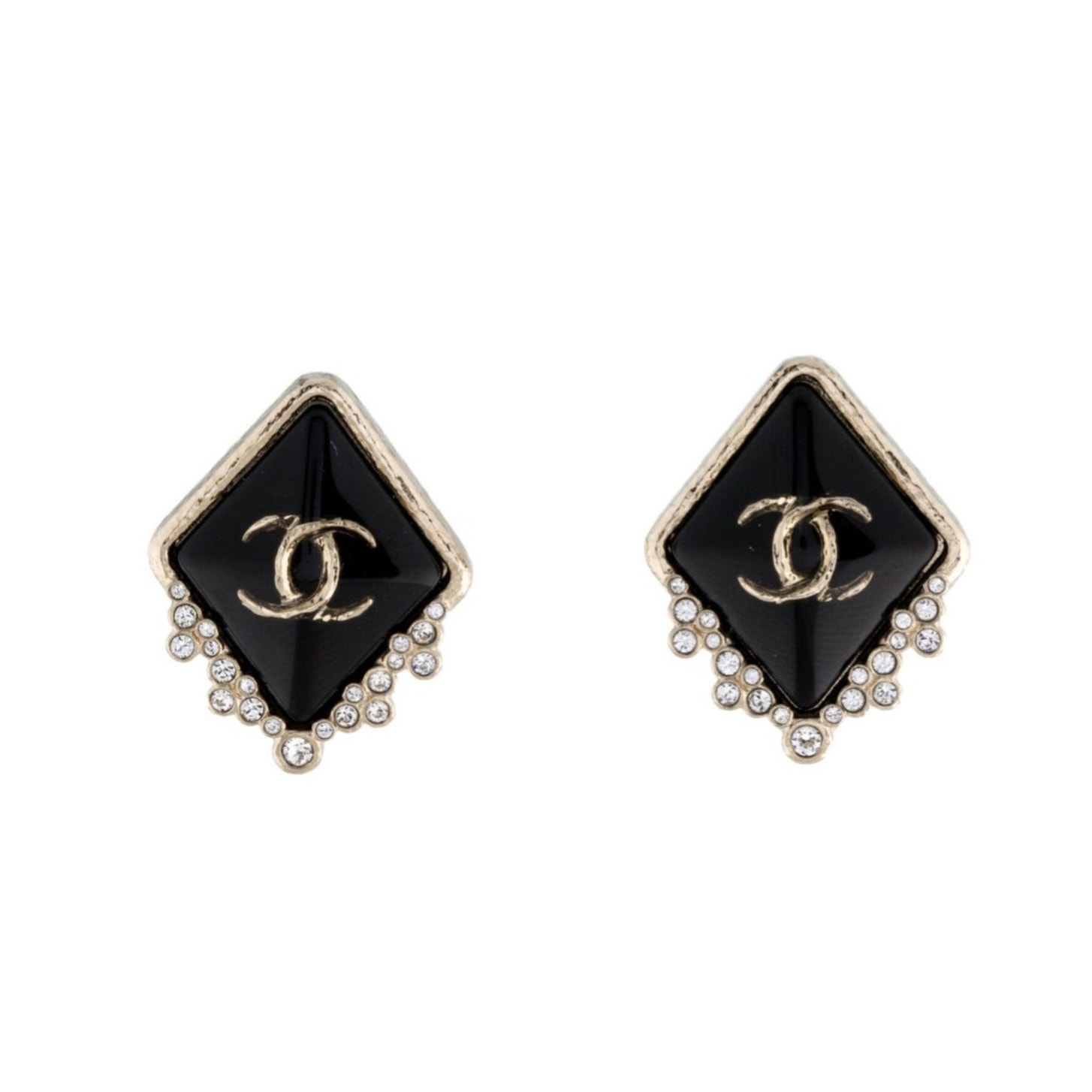 Chanel Gold-Tone Black Strass Interlocking Cc Stud Earrings